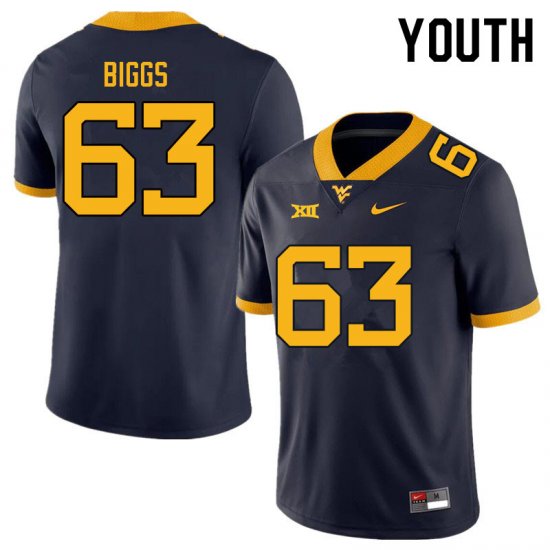 Youth West Virginia Mountaineers NCAA #63 Bryce Biggs Navy Authentic Nike Stitched College Football Jersey NR15P10AU